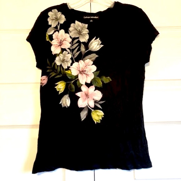 NWT CATHERINE MALANDRINO Black Graphic Pink Floral T-Shirt Short Sleeve M - Picture 2 of 4